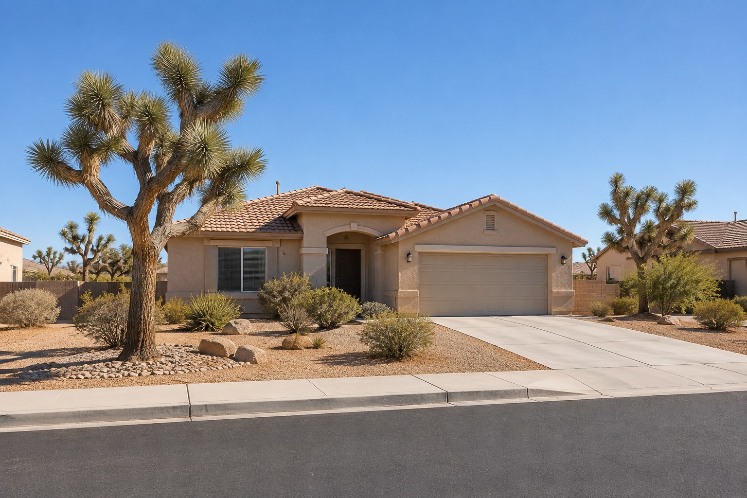 A quiet High Desert street of stucco homes with palm and shade trees, illustrative