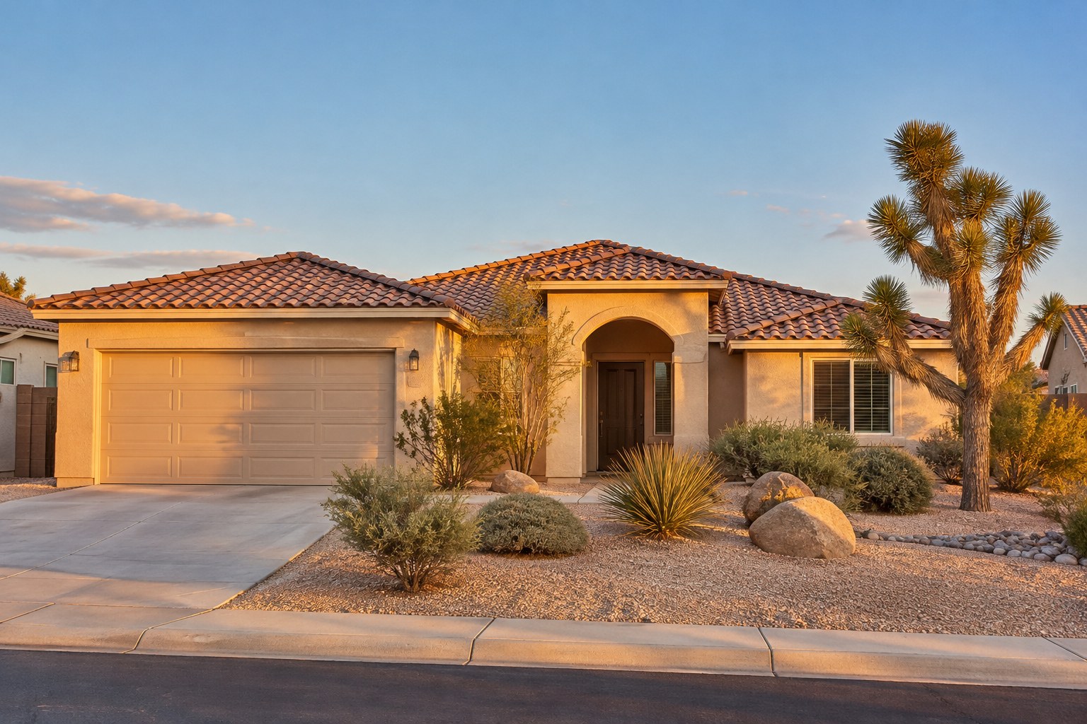 A single story stucco home with a tile roof and desert landscaping in warm evening light, illustrative
