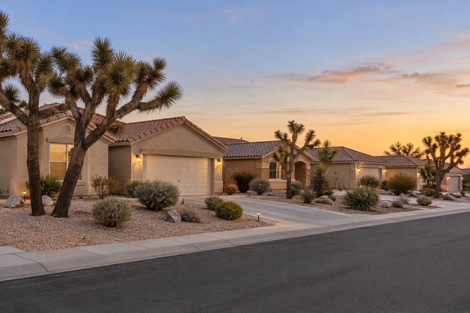A single story stucco home with a tile roof at dusk, illustrative