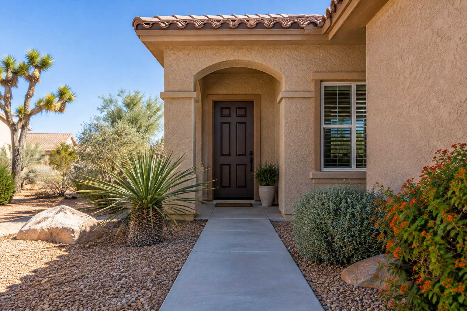 A shaded front entry of a stucco home with desert plants, illustrative